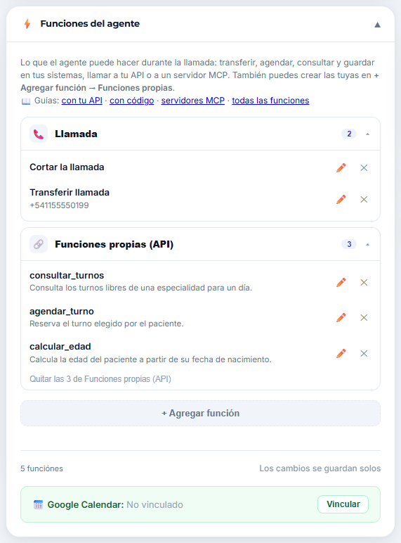 Sección Funciones del agente