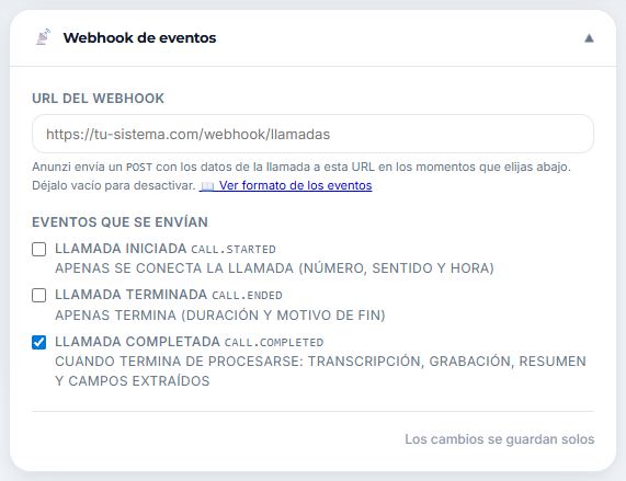 Sección Webhook de eventos