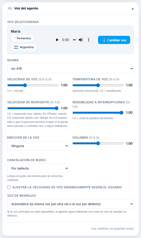 Sección Voz del agente