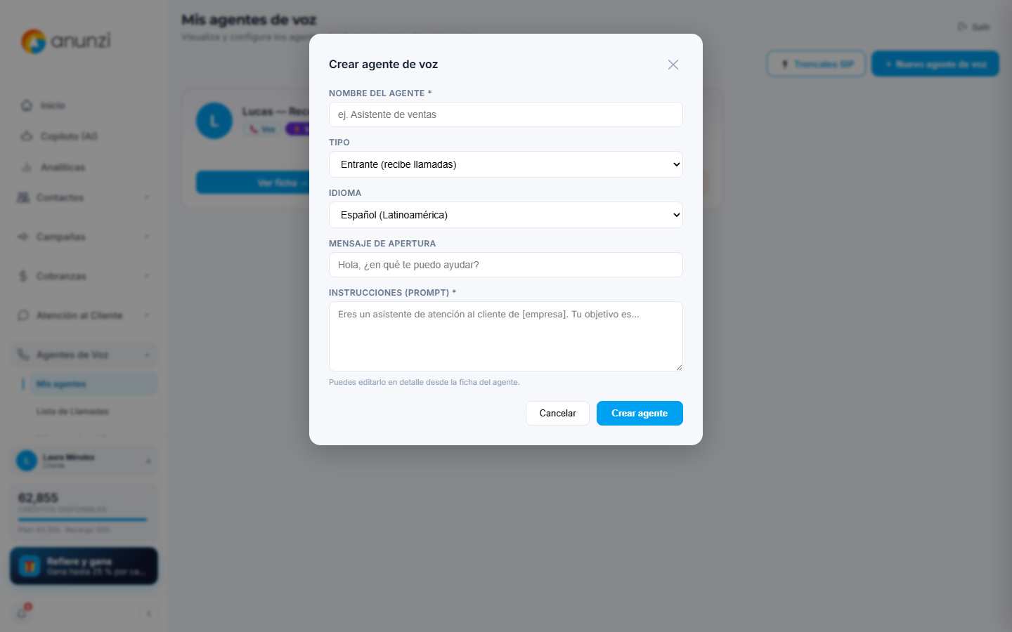 Crear agente de voz