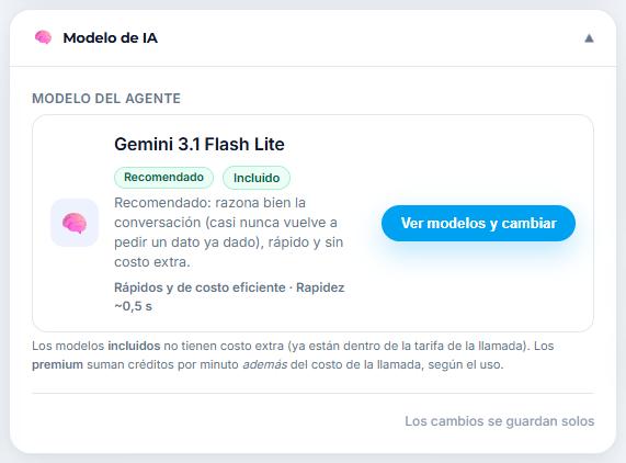 Sección Modelo de IA de la ficha